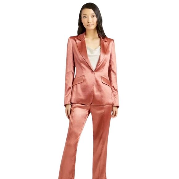 Cinq à Sept Karis Tailored Textured Metallic Satin Blazer Size 10 Copper Pink - Picture 4 of 15